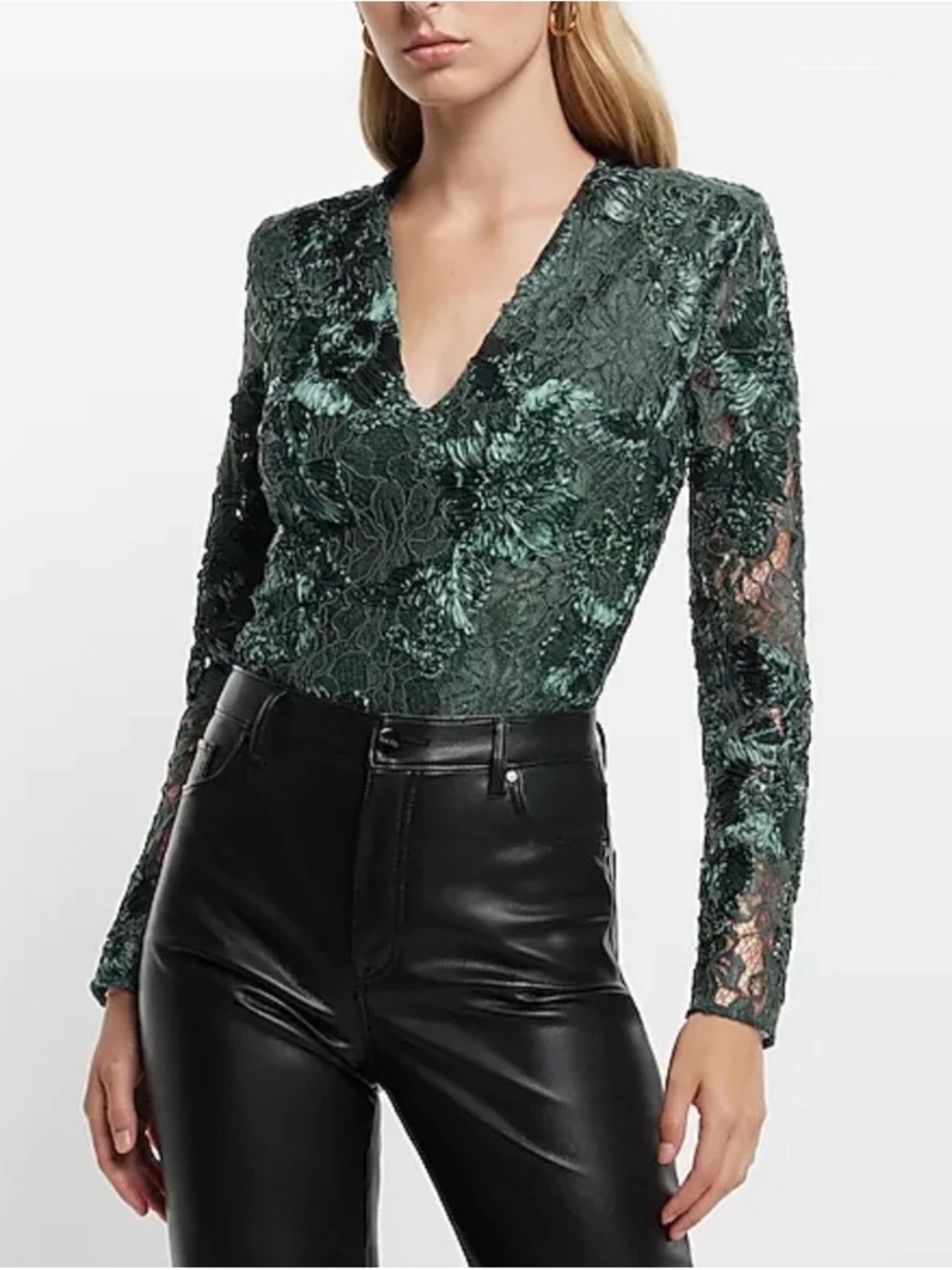 Express Emerald Green Lace V-Neck Bodysuit